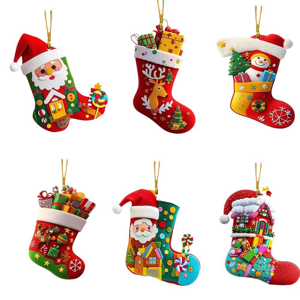 1/6Pcs 2D Christmas Socks Decorations Colorful Handcrafted Christmas Tree Ornaments Acrylic Christmas Tree Pendant Holiday Decor