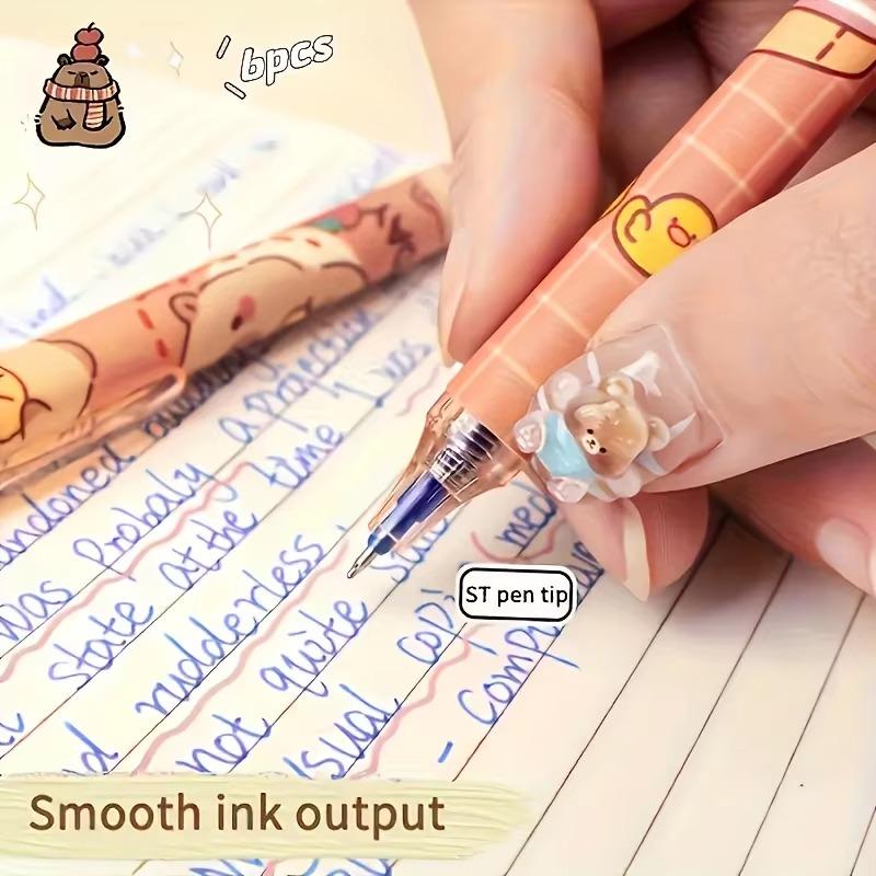 6Pcs Cute Capybara Erasable Gel Pens, 0.5mm Retractable Quick‑Drying Gel Ink Pens, Smooth Writing Blue Ink for School Office Stationery