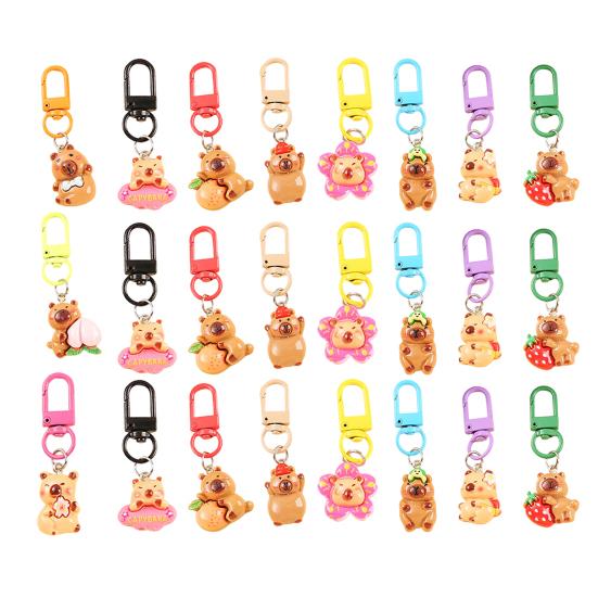24/50Pcs Capybara Keychains Set Cartoon Resin Doll Charm Keychains Metal Key Ring