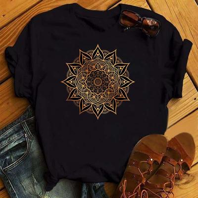 Maycaur Nowa Mandala Kwiatowy Druk T-shirt Damski Casualowy T-shirt Luźny Krótki Rękaw 90s Dziewczyny Estetyka Czarny T-shirt Top