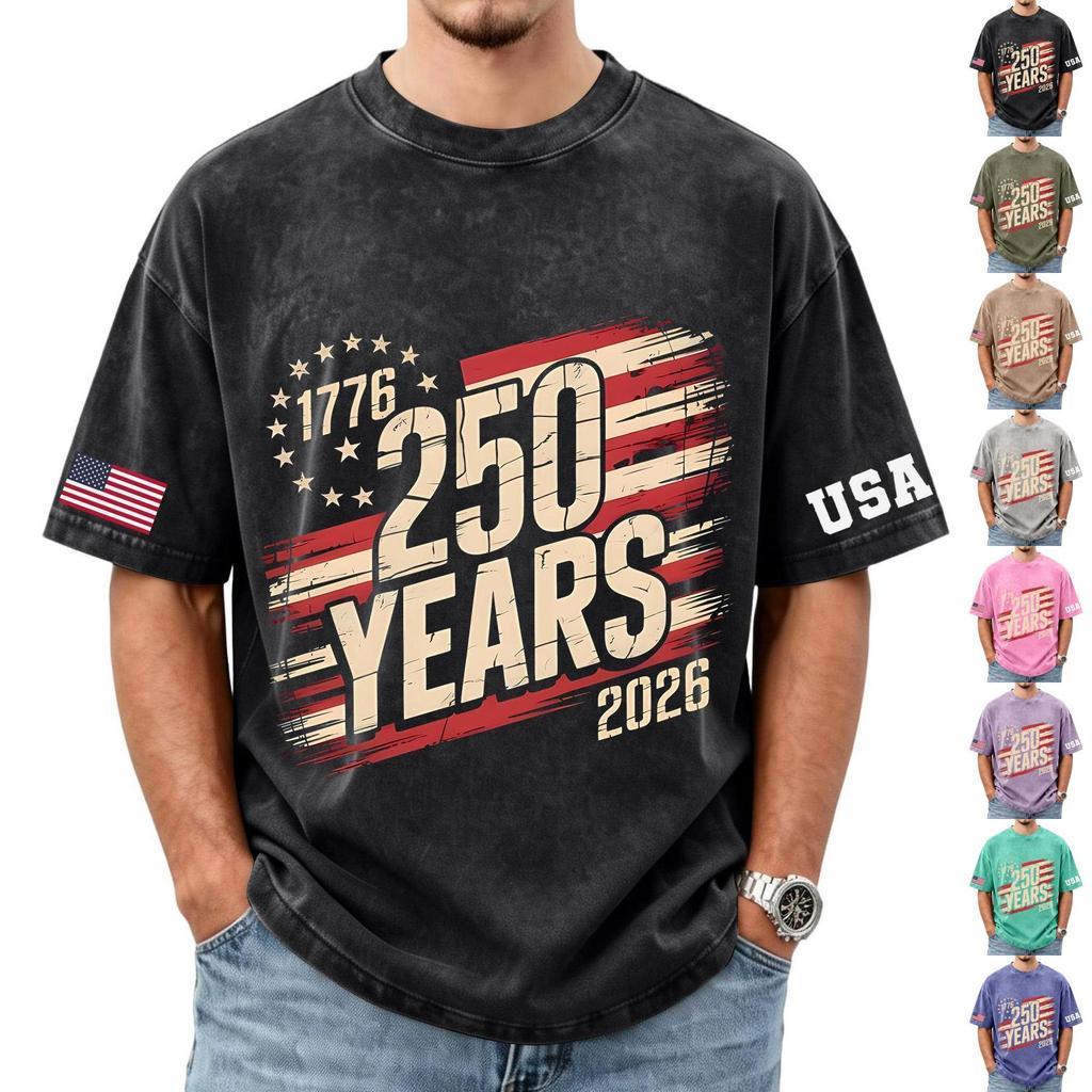 Men's loose and casual flag letter print T-shirt - Men's trendy washed short-sleeved top