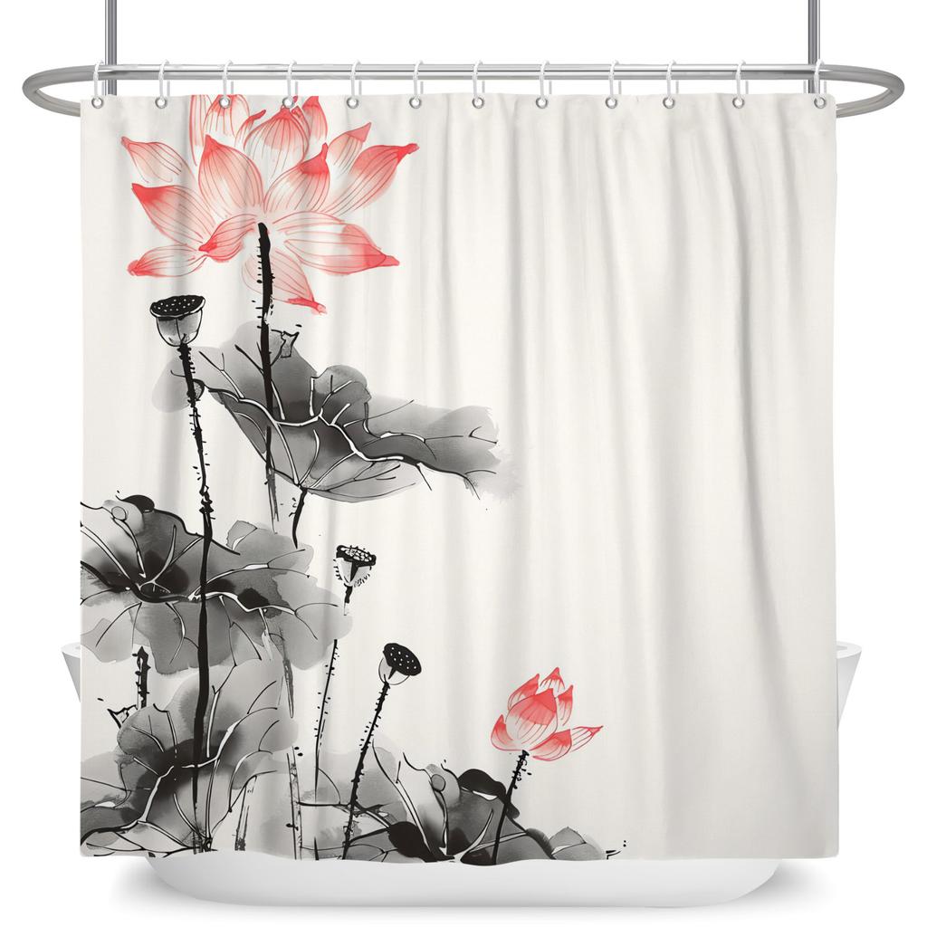 Chinese Style Plum Blossom Shower Curtain with Hooks Waterproof Polyester Bathroom Curtain Ink Painting for Home Decor 180x180cm