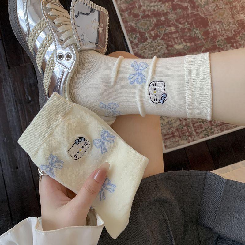 Early Autumn Boneless Socks Flocked Korean Cute Cartoon Bow Cat Mid-Tube Socks Versatile Socks Cotton Socks