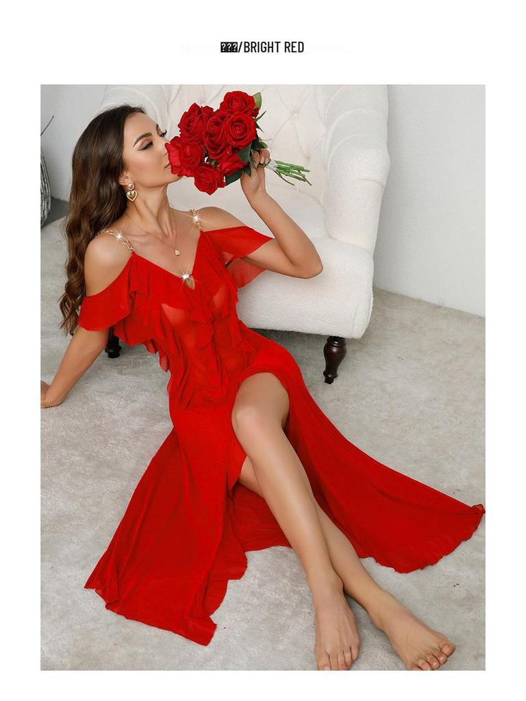 Women's Ruffle Sling Mesh Backless Nightdress - Multi-color Options