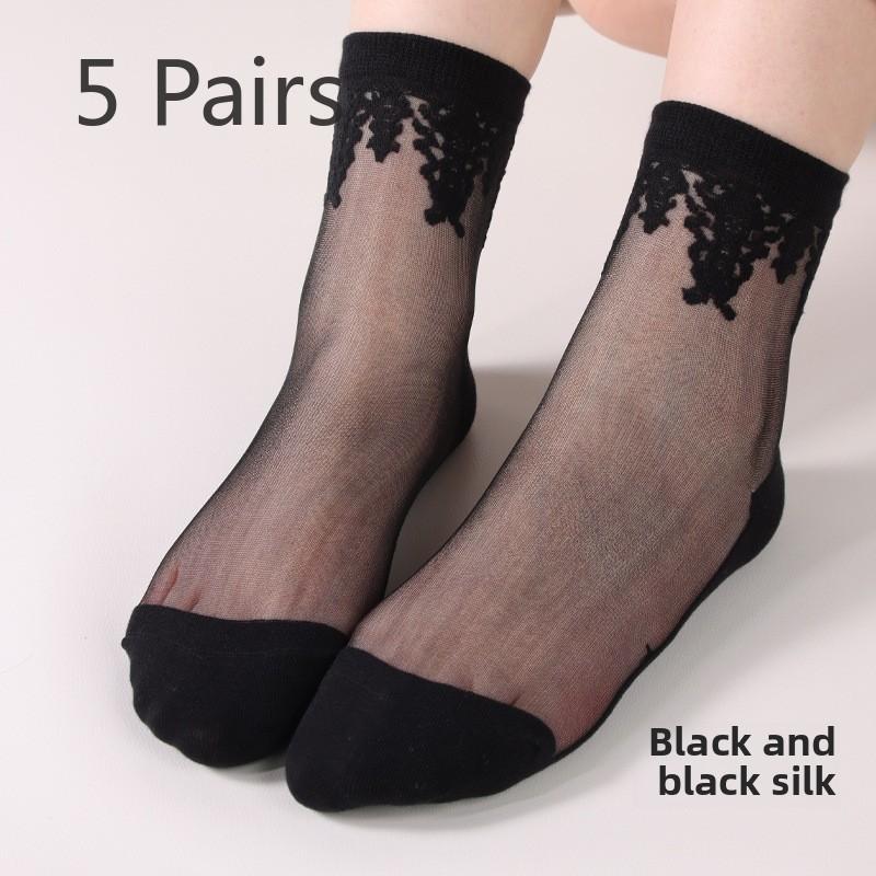 5 Pairs Socks for Women Spring/summer Thin Anti-hook Wire Glass Wire Mid-tube Socks Retro Crystal Stockings
