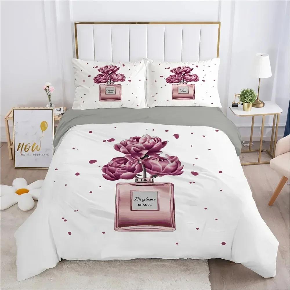 Perfume Floral Duvet Cover Set Pink Makeup Bedding Set With Pillowcase,Girls Women Romantic Fashion Gifts Comforter Cover Set