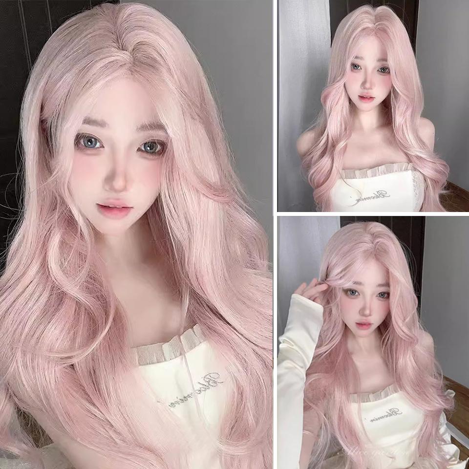 WTB Pink Long Curly Hair Synthetic Wig Female Full Head Lolita Eight Bangs Big Wave Girl Pink Natural Wig Hair Cover