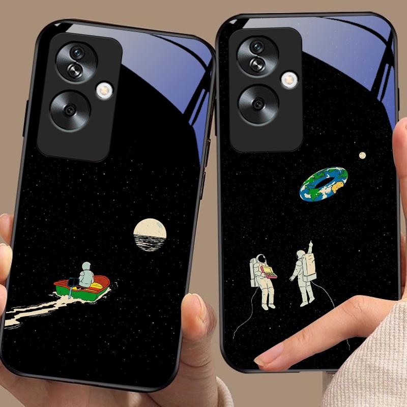 Space Astronaut For Oppo A79 5G 58 78 74 60 4G Reno 11F Realme GT 6 11 Note 50 10 C55 X2 Tempered Glass Black Phone Case