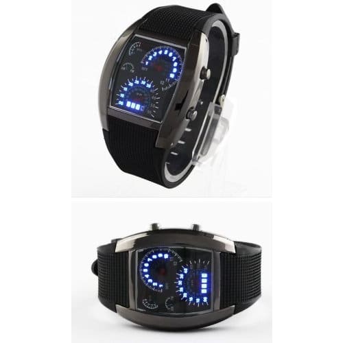 Herren Tachometer LED Design Uhr in Schwarz mit blauer LED