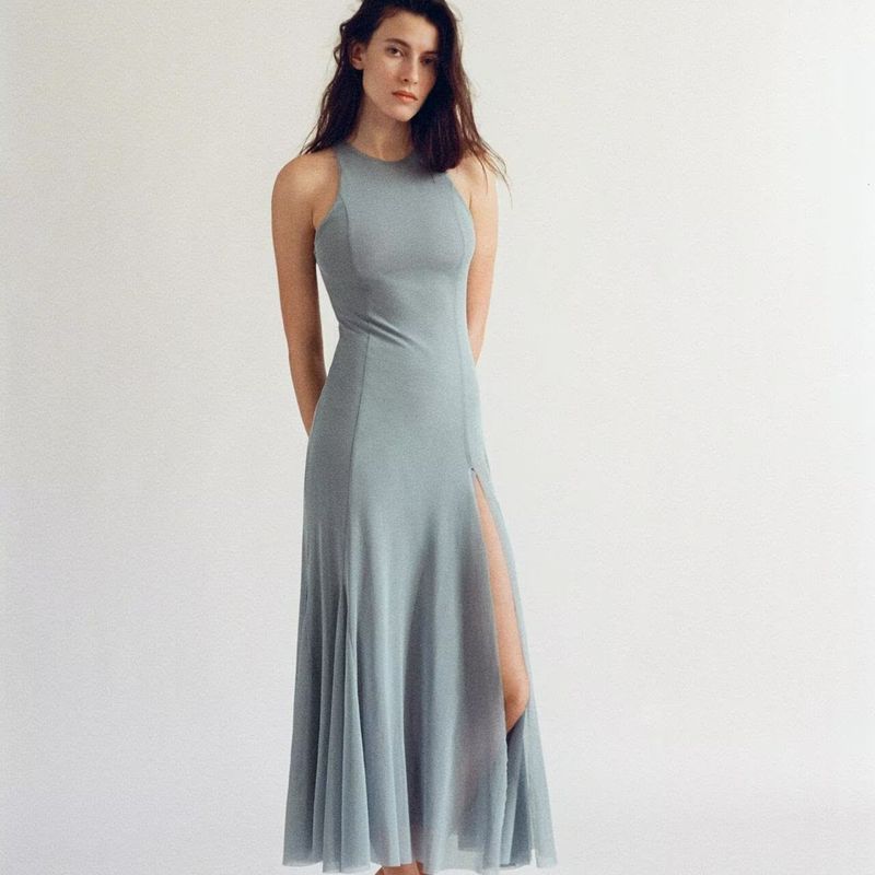 Zbzr Autumn New Women Clothes Solid Slim Fit Elegant Triangle Cloth Silk Net Long Dress 5039830