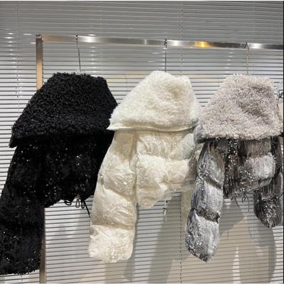 Haină de puf cu guler mare din blană pentru femei, modă de plajă, lână de oaie, talie înaltă, haine matlasate cu bumbac, haină îngroșată
