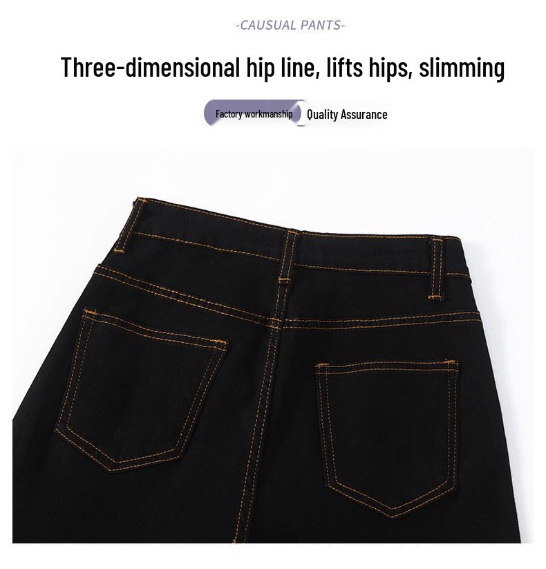 Women's Retro Black Gypsophila Wide-Leg High-Waisted Rhinestone Jeans with Elastic Fit and Velvet Lining