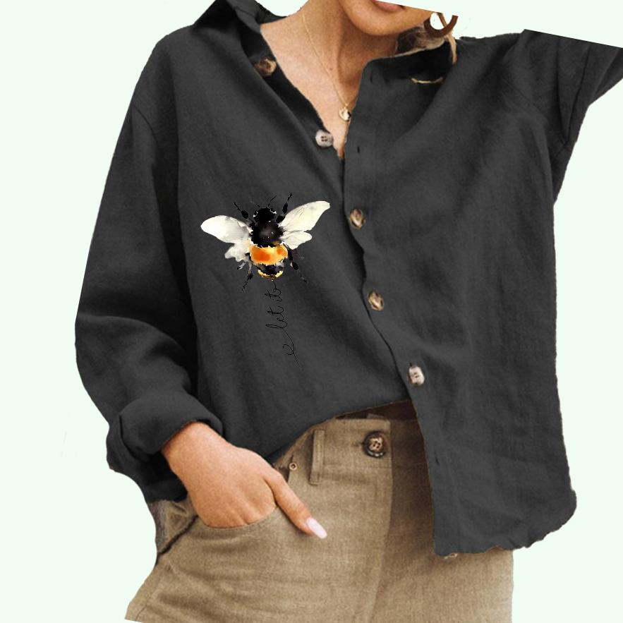 

Женская модная блузка с воротником-лацканом, женская повседневная рубашка из хлопка и льна с принтом на пуговицах 3XL