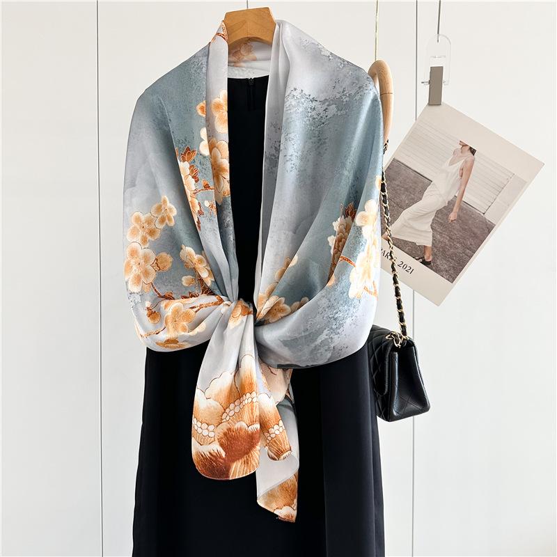 53x170cm100% Mulberry Silk Scarf Floral Print Long Shawl Lightweight Spring Summer Wrap Elegant Fashion Accessory for Women