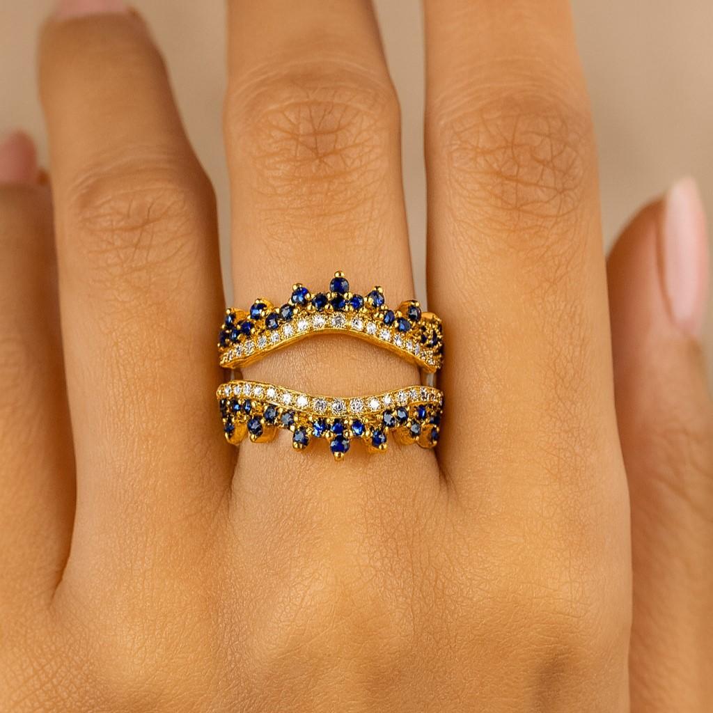 Zafiro azul y diamante simulado doblemente curvado chapado en oro blanco banda envolvente realzadora para boda — anillo de regalo para novia/aniversario