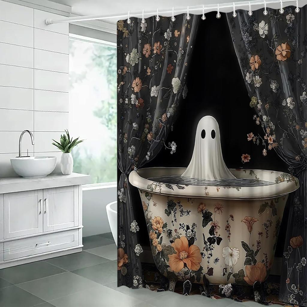 Funny Ghost Shower Curtain Halloween Spooky Gothic Retro Floral Scary Horror Vintage Fabric Decorative Bathroom Curtains Hooks