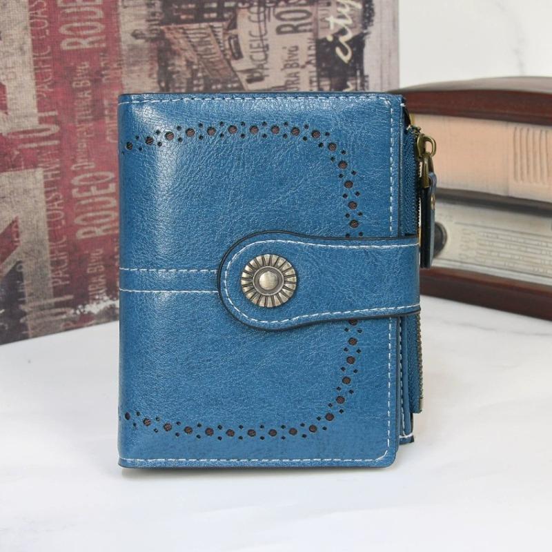 Women Short Hollow-Out Wallet Vintage PU Leather Multi Card Holder Zipper Coin Purse Small Lady 3 Fold Clutch Wallet