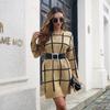 Women Fall Winter New Contrast Color Plaid Long Sleeve Sweater Bottoming Loose Knitted Dresses S-L