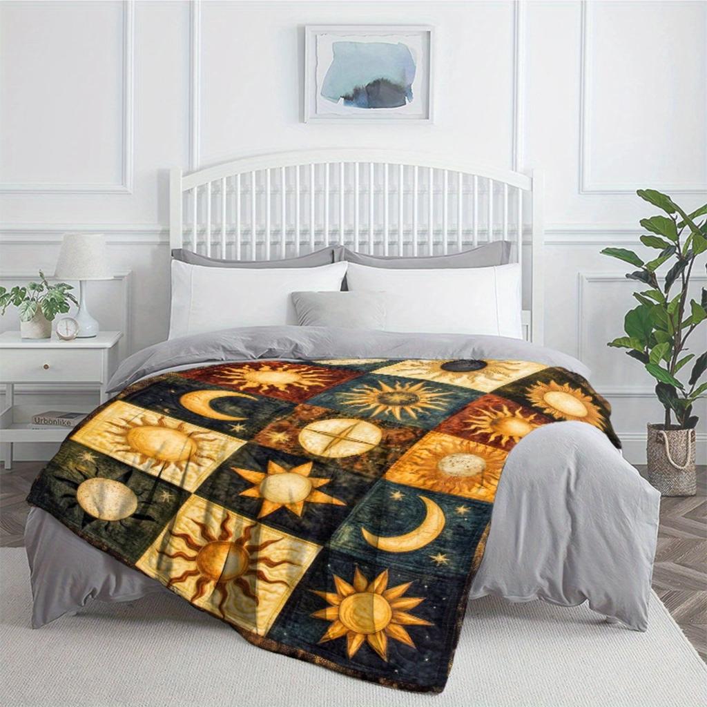 Sun Moon Stars Pattern Blanket Celestial Art Design Boho Style Soft Flannel Throw Blanket for Home Decor Meditation Yoga Space