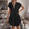 Women Casual Linen Cotton V Neck Short Sleeve Button Front Loose Fit Dress Lightweight Summer Tunic Dress with Pockets