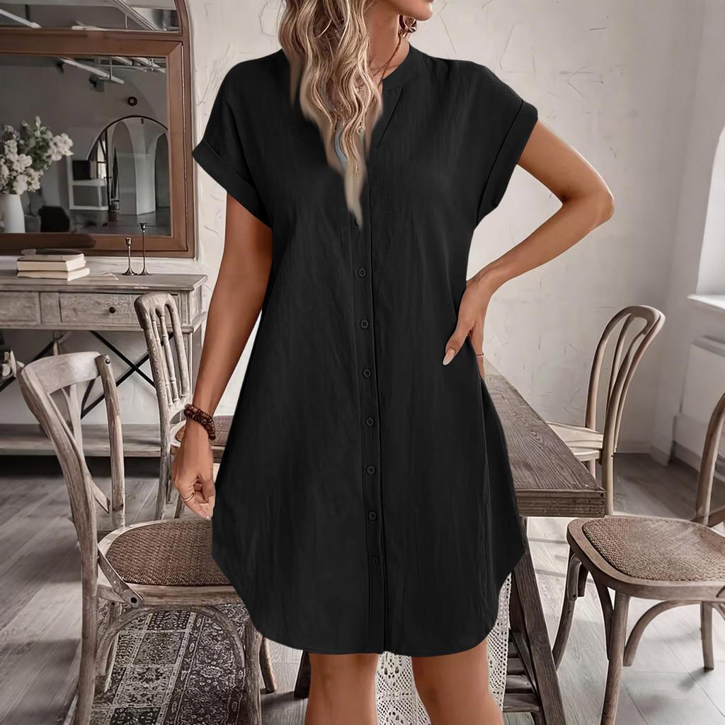 Women Casual Linen Cotton V Neck Short Sleeve Button Front Loose Fit Dress Lightweight Summer Tunic Dress with Pockets