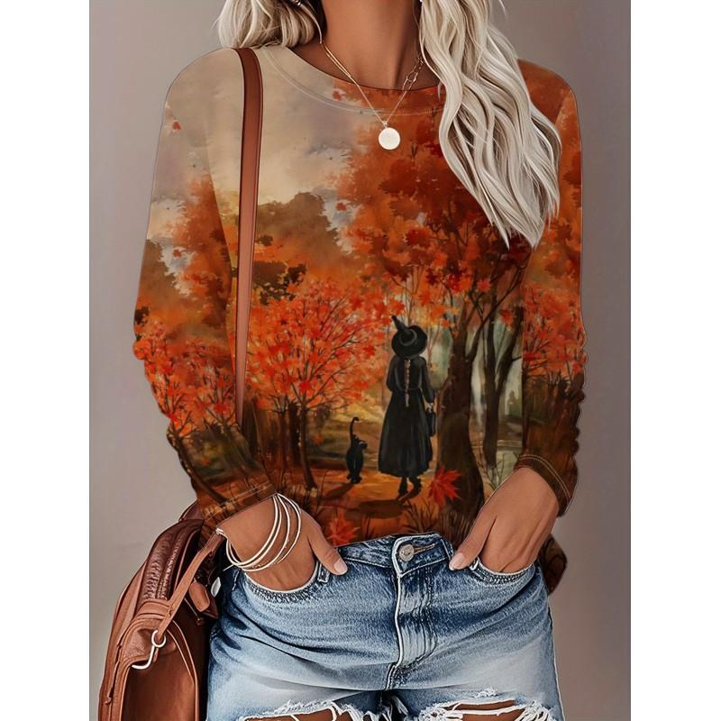 Womens Long Sleeve Crew Neck T-Shirt With 3D Flamingo Print Soft Milk Silk Fabric Loose Fit Casual 2025