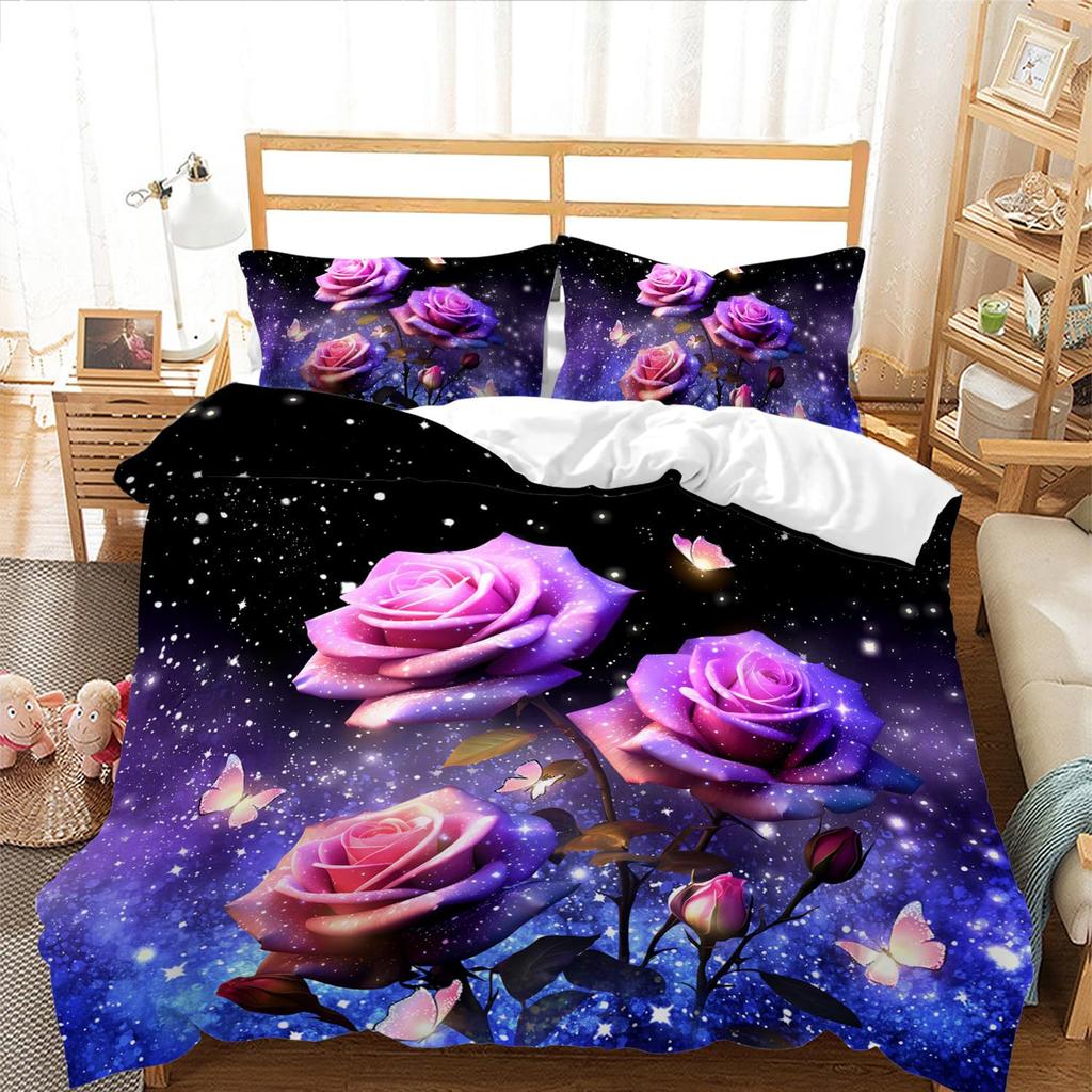Purple Butterfly Three-Piece Quilt Cover Digital Printing Bedding Set Dream Heart Bed Cover