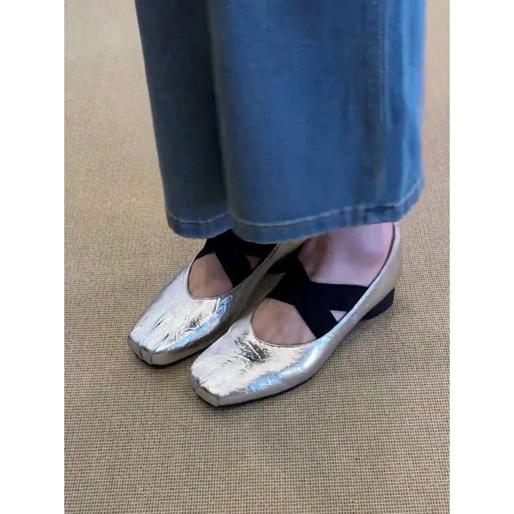 Sheepskin version~ Square head retro handmade ballet single shoes women's cross strap thick heel ballet shoes Mary Jane single shoes