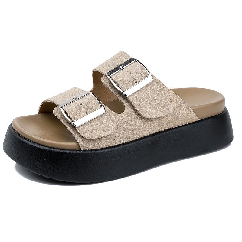 Genuine leather~~ Slippers women's summer outer wear new soft-soled thick-soled belt buckle casual versatile cool slippers