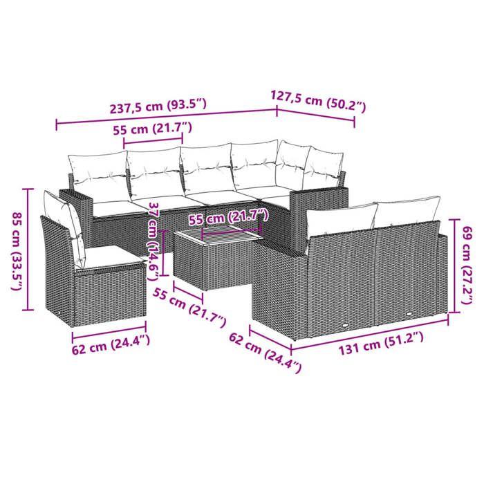 VidaXL Salon de Jardin avec Coussins 9 pcs, Canapés de Patio, Ensemble de Meubles, Mobilier de Terrasse Extérieur, Noir 3224214