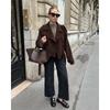 Women French Style Thick Loose Brown Double Breasted Woolen Commute Coat
