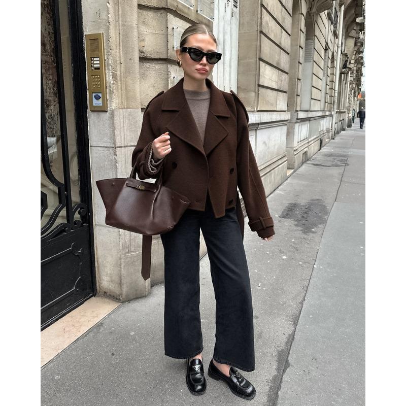 Women French Style Thick Loose Brown Double Breasted Woolen Commute Coat