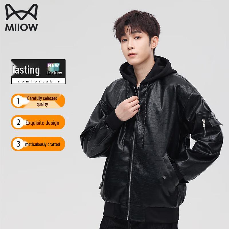 MiiOW Men s Faux Two-Piece Hooded Leather Jacket M