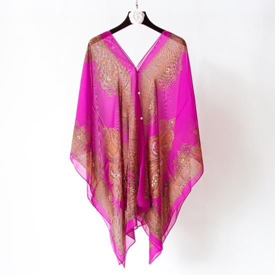 Women Summer Beach Bikini Cover Up Loose Chiffon Blouse Shawl Scarf with Buttons