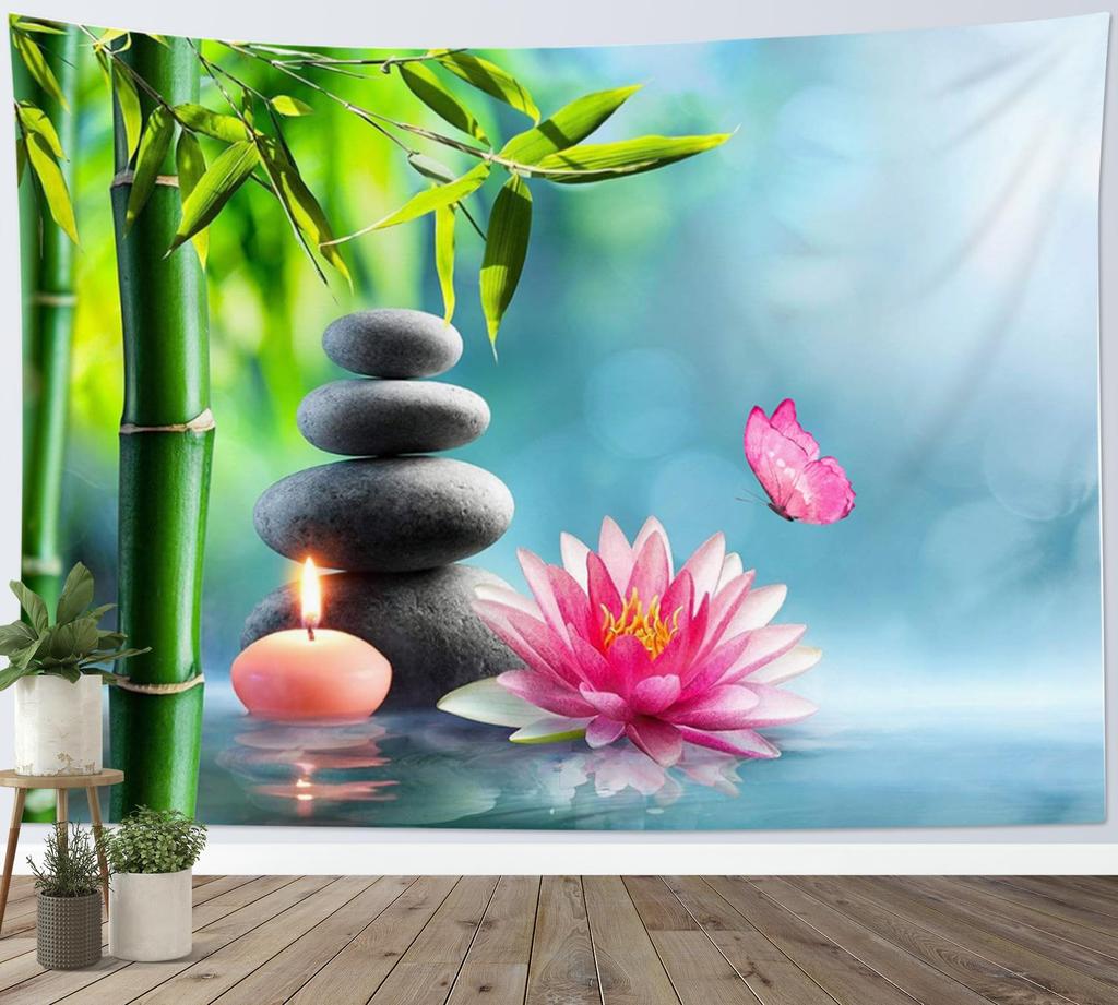 Fish Tapestry Japanese Carp in Lotus Pond Tapestry Wall Hanging Flower and Green Leaf Botanical Wall Art for Bedroom Living Room