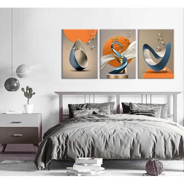 3 Pcs Bright Style Canvas Wall Art Modern Abstract Golden Deer Luxury Foil Lines Posters Prints White Blue Orange Color Grey Painting Pictures for