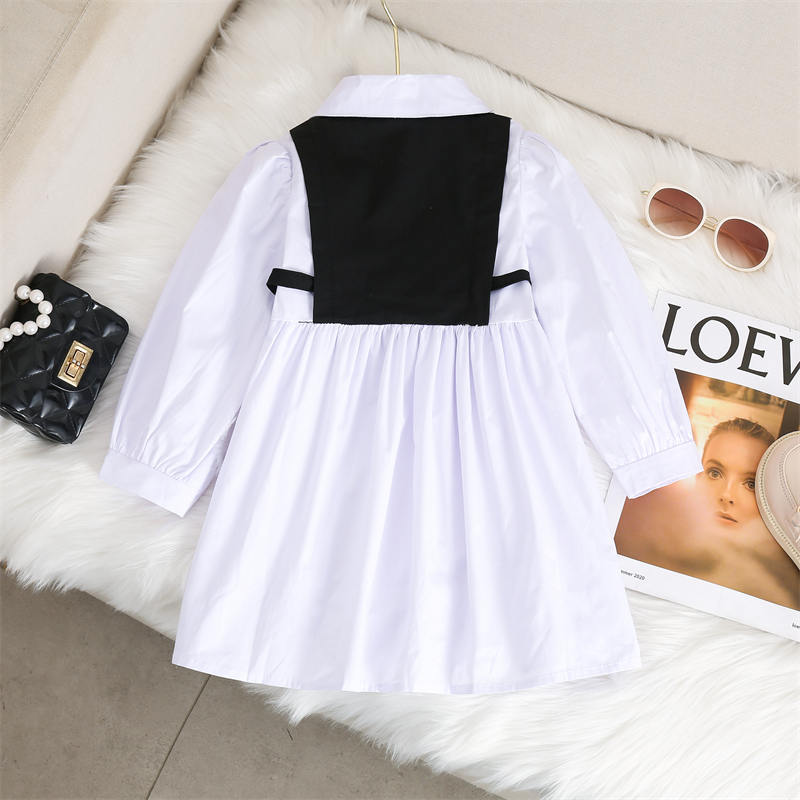 Girls Spring and Autumn Long Sleeved Color Blocked Dress Kids Casual Lapel Button Dresses