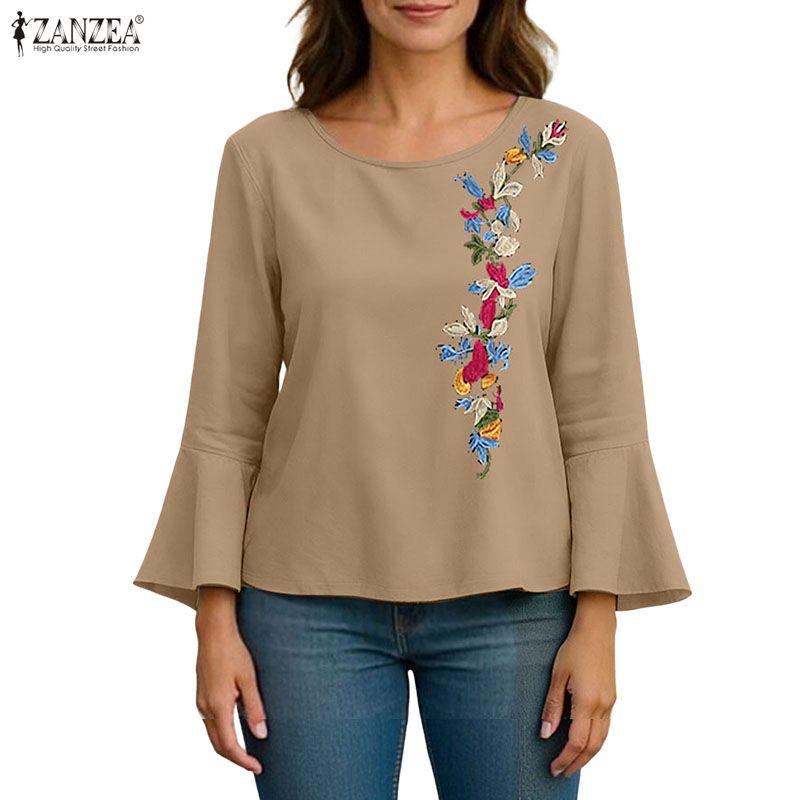 ZANZEA Bluză Casual Brodată cu Mâneci 3/4 Clopot și Gât Rotund pentru Femei