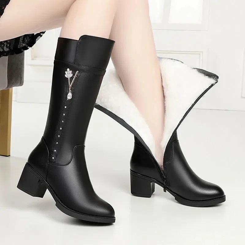 Women's Mid-calf Boots Luxury Rhinestone High Heeled Boots Quality High Heeled Leather Boot Winter Warm Women Boots Botas Mujer