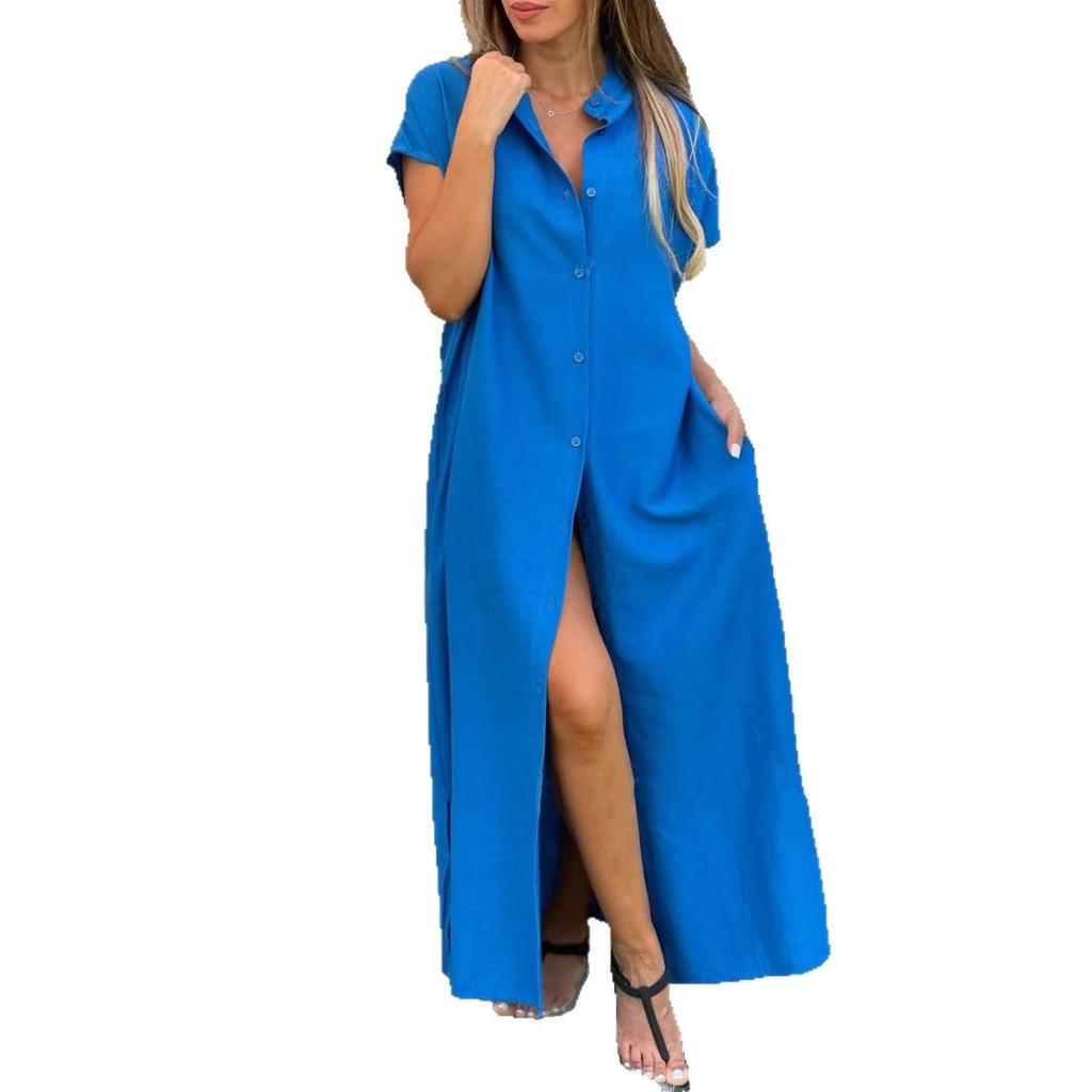 Button Down Short Sleeve Split Hem Maxi Dress Cotton Linen Solid Color Casual Loose Pocket Collared Oversized Summer Dress For Women