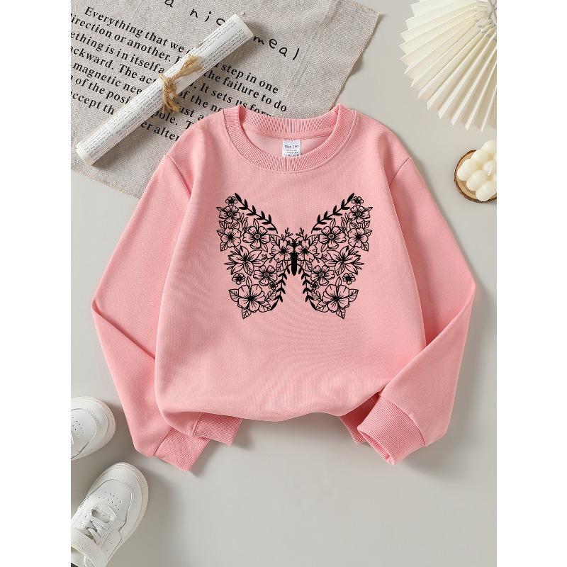 European sizes Girls Crew Neck Sweatshirt Floral Butterfly Pattern Design, Soft Cozy Pullover, Warm Casual for Autumn Winter.