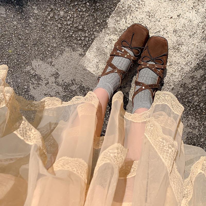 Sheepskin Version~ Crossed Belt Buckle Ballet Shoes for Women 2025 New Red Mary Jane Shoes Bow Single Shoes for Women