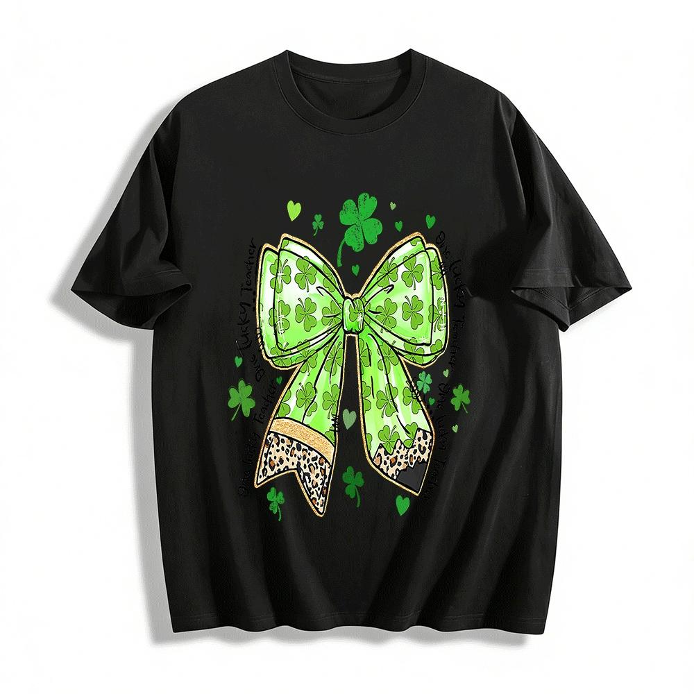 

One Lucky Teacher Clover Bow Print Casual Top Pure cotton T-shirt XXS