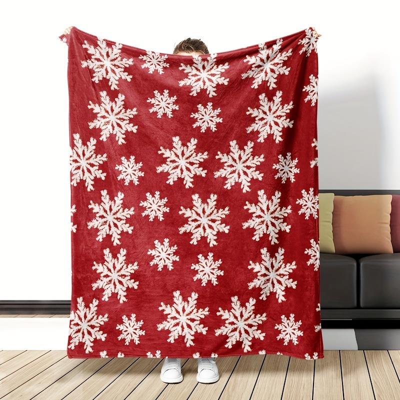

Red blanket with white snowflake pattern made of polyester machine washable suitable for home office picnics and travel 75x100cm