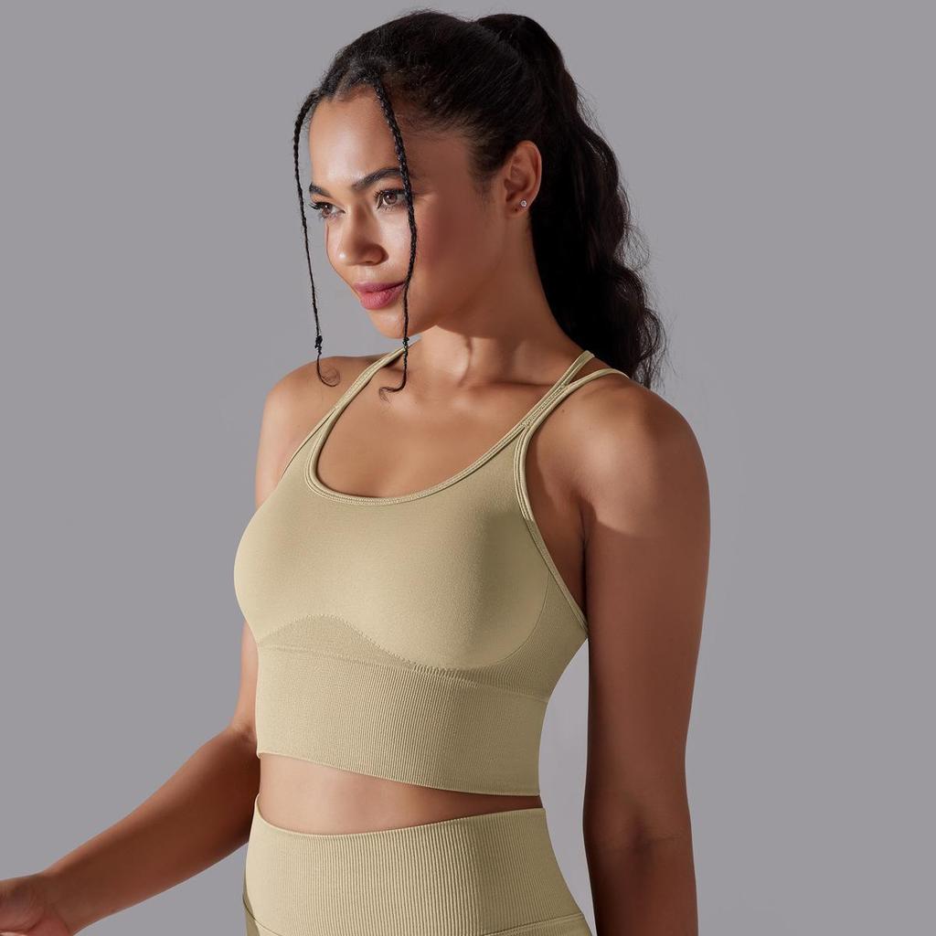 Solid Color Cross Back Sports Bra, Tight Fitting, Shock-absorbing, Gathering, High-strength Vest, Yoga And Fitness Bra For Women