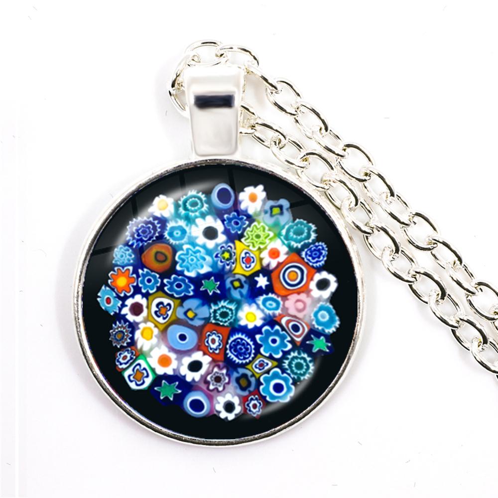 Murano Millefiori Náhrdelník s príveskom Viacfarebný Kvet 25mm Sklenený Kabochón Náhrdelník Šperky Pre Ženy Mužov Darček blue