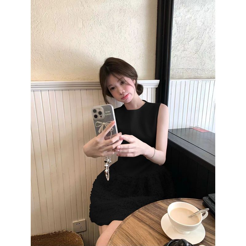 Kumikumi Sweet Wind Heavy Industry Mesh Patchwork Vest Dress Women Summer Slimming Elegant Cake Skirt Short Dress