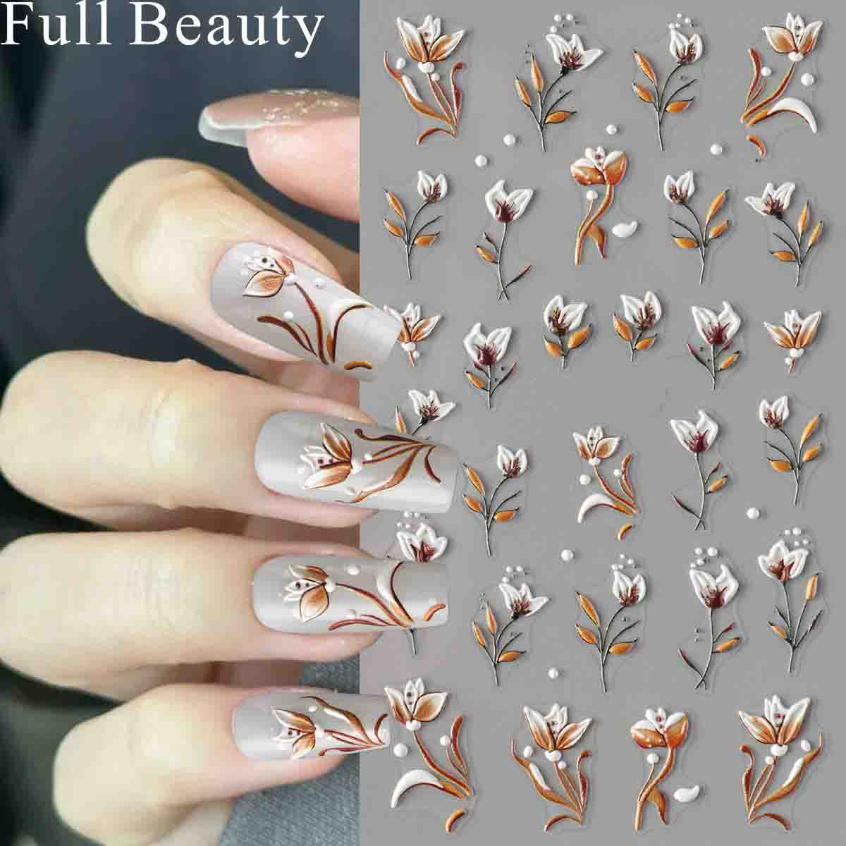 

5D тисненные наклейки для ногтей с белым цветком, наклейки для ногтей, гравировка, цветочные слайдеры для ногтей