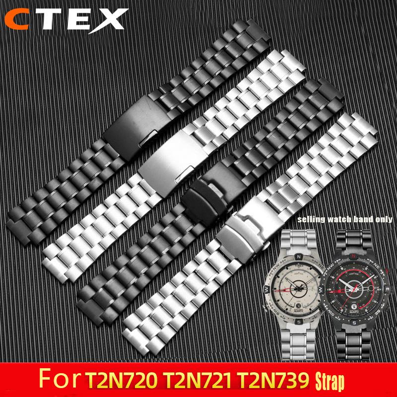 Edelstahl-Uhrenarmband für Herren TIMEX T2N720 T2N721 TW2R55500 T2N721 Uhrband 24*16mm Anstoßende Silber Schwarz Armband