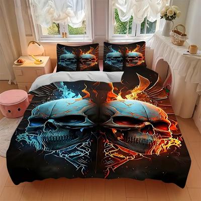3pcs Anime Skulls Flames Wings Comforter Set with One Quilt Cover and Two Pillowcases (No Core) - Home Decor, Festival Gift, Polyester Fabric, Bedroom